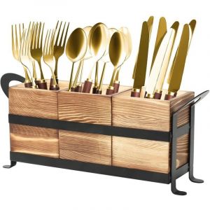 3 Compartiments Rangement Ustensiles Cuisine Pot, Porte-Couverts En Bois Porte-Ustensiles De Cuisine Avec Support En Fer Pot &agrave; Ustensiles De Cuisine