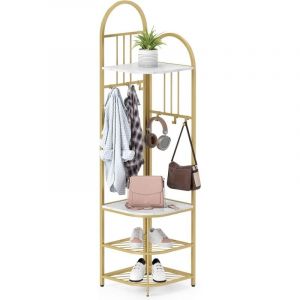 Costway - Porte Manteau d'Angle 4 Niveaux, Banc à Chaussures, 6 Crochets, 4 Étagères, Porte-Vêtements en Métal 180 cm, Meuble Entrée d'Angle pour
