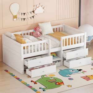 Hauss Spole - Lit enfant 90x200cm, lit simple 4 tiroirs, barri&egrave;re de s&eacute;curit&eacute;, &eacute;chelle, bois de pin, sans matelas, blanc