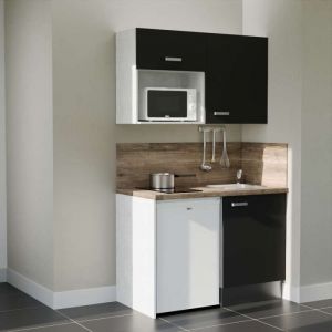 Kitchenette K07L-PT - 120 cm avec plan de travail et &eacute;vier, emplacements frigo et micro-ondes - Fa&ccedil;ade Noir - Plan Bois - Evier Inox - Cr&eacute;dences Oui