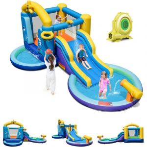 Château Gonflable avec Souffleur 680W, Parc Aquatique Océan avec Toboggan, Panier de Basket et Trampoline, Aire de Jeux Piscine à Balles pour 2