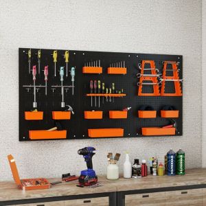 Organiseur Mural en Panneau Perfor&eacute; Rangement d'Outils en M&eacute;tal avec 3 Panneaux 26 Accessoires de Suspension Porte-outils &agrave; 9 Bacs Orange