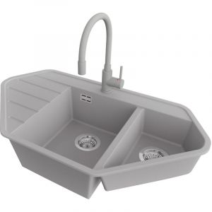 PRIMAGRAN Evier d'angle en Granit 90x50cm,Lavabo Cuisine 1,5 bacs + Robinet 38x14cm + Kit de Vidage, &Eacute;vier &agrave; Encastrer au meuble 70cm - Copenhague