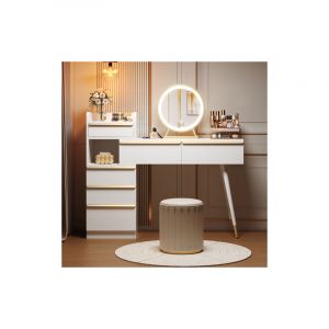 Coiffeuse blanche avec plateau extensible, 6 tiroirs et poign&eacute;es dor&eacute;es, miroir LED avec lumi&egrave;re dimmable, 102x100x41,5 cm (sans tabouret)