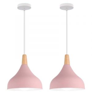 Lot de 2 suspension en m&eacute;tal et bois, lustre abat-jour &Oslash; 20cm luminaire E27 60W, Rose