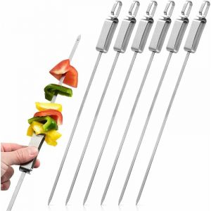 Brochette inox Kebab Grill, Pic Brochette Metal avec Tige de Poussée en Métal Ensemble de 6 Pièces, Kebab Réutilisable Les Essentiels de la Soirée