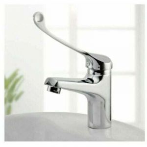 Mitigeur Lavabo avec Poign&eacute;e M&eacute;dicale, Robinet de Salle de Bains PMR, Chrom&eacute;, Argent