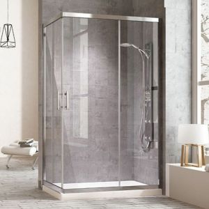 Cabine de douche rectangulaire &agrave; fermeture angulaire. 2 portes coulissantes et 2 panneaux fixes. Verre transparent profil chrom&eacute; 70X140CM