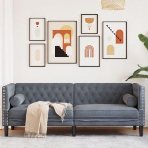 Torana - Canapé Chesterfield avec traversins 3 places gris foncé velours