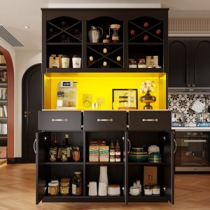 Buffet haut 120 x 40 x 180 cm Armoire cuisine multifonction avec &eacute;clairage LED - 3 portes et 3 tiroirs de rangement - Design contemporain - noir