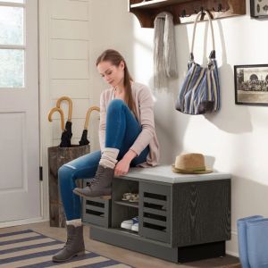 Banc de Rangement avec Étagère à Chaussures avec Siège Étagère Réglable Porte Coulissante Café CW1323 DESIGN IN