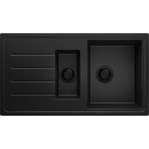 Primagran - Evier Cuisine en Granit 90x50cm, Lavabo 1,5 bacs + Kit de Vidage, Évier à Encastrer au meuble 60cm - Copenhague Duo, Tout Noir
