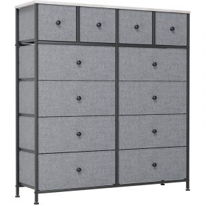 Commode pour Chambre &agrave; Coucher, Armoire &agrave; 12 Tiroirs en Tissu,Meuble de Rangement avec Dessus en Bois (Gris)