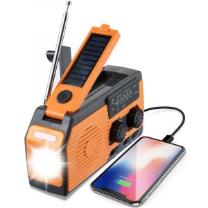 Radio Solaire, Dynamo Radio Portables Rechargeable étanche 5000mAh, Lampe de Poche, Lampe de Lecture, Alarme sos, Radio à Manivelle am fm wb, Idéal