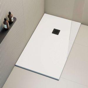 Poalgi - Receveur de douche extraplat, blanc , L.75 x l.140 cm, grille noire, s&eacute;rie Hos's