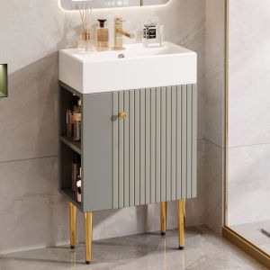 Meubles de salle de bains avec vasque c&eacute;ramique blanche,Lavabo 55x31 cm,Meuble simple vasque Gris,Fonction de stockage