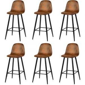 Lot de 6 Tabouret de Bar Rétro Vintage avec Dossier et Repose-Pieds, Sièges Rembourrés, Style Industriel, Chaises Hautes en suédine Marron,