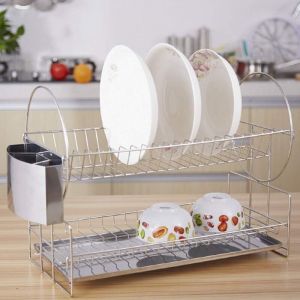 Égouttoir à vaisselle chromé à 2 niveaux avec plateau, égouttoir à vaisselle avec porte-ustensiles, égouttoir à vaisselle argenté