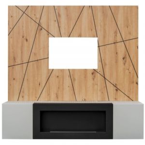 Composition murale IXAR g&eacute;om&eacute;trique &ndash; Meuble TV + panneaux muraux d&eacute;coratifs + chemin&eacute;e bio-&eacute;thanol