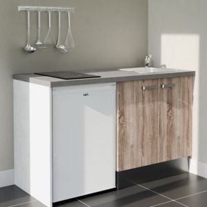 Cuisibane - Kitchenette K17L-PT - 140 cm avec plan de travail et évier - Façade Bois - Plan Gris - Evier Inox - Crédences Non