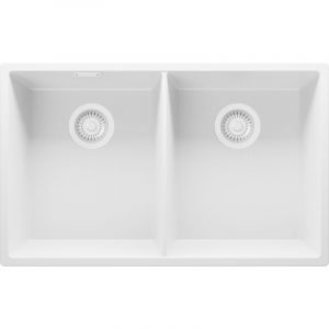 Primagran - Evier Cuisine en Granit 76x47cm, Lavabo 2 bacs + Kit de Vidage, Évier à Encastrer au meuble 80cm - London Slim Twin, Tout Blanc