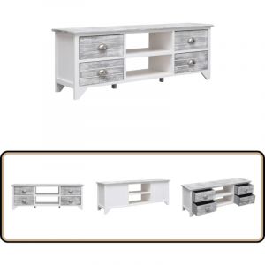 Meuble tv Blanc et gris 108x30x40 cm Bois de Paulownia solide - Meuble Tv - Meuble Tv Bois - Meuble Tv Moderne - Rangement Tv - Console Tv