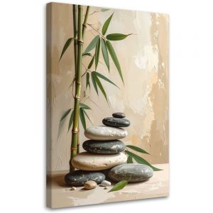 Tableau d&eacute;co Pierres zen spa feuilles de bambou beiges 70x100