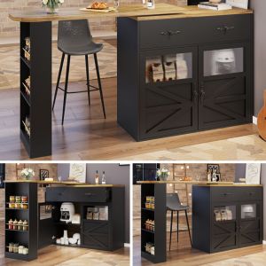 &Icirc;lot de cuisine/bistrot mobile et extensible (138-204 cm),table bar avec plateau tournant 360&deg;, rangements int&eacute;gr&eacute;s,noir