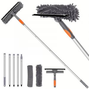 Nettoyeur de Vitres 2 en 1 avec Perche T&eacute;lescopique 210cm, Raclette de Nettoyage 180&deg; R&eacute;glable pourPorte de Douche,Outil de Nettoyage M&eacute;nager