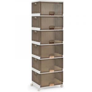 GOPLUS Boîtes à Chaussures Empilable Pliable à 6 Niveaux avec Portes Rabattables Transparentes,Roulettes Verrouillables