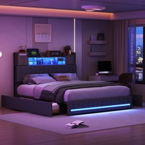 JOOKGBD-Lit Coffre 140x190 cm avec LED et Port USB,Lit Double Rembourr&eacute; 140x190 cm avec Sommier et Rangement et T&ecirc;te de lit,lit adolescent,&eacute;tag&egrave;res