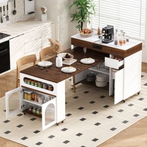 &Icirc;lot de cuisine avec table extensible - 110,5-187,5x50,5x95,5 cm - Sideboard avec prises &eacute;lectriques et verre cannel&eacute; - Blanc/Noyer