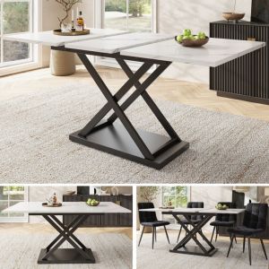 Table à manger table télescopique (120-160×80cm), table à manger extensible, table de cuisine peu encombrante, pieds en fer croisés noirs, pour