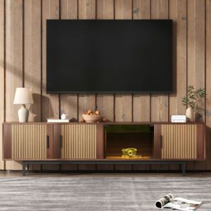 Meuble TV 200 cm, Meuble T&eacute;l&eacute; pour Chambre textur&eacute; sculpt&eacute;, meuble TV avec bande lumineuse LED et porte en verre tremp&eacute; - Meuble TV scandinave