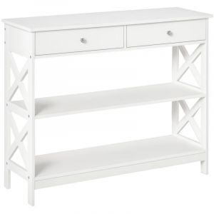 Table de console table d'entr&eacute;e style table de drapier n&eacute;o-r&eacute;tro 2 tiroirs 2 &eacute;tag&egrave;res dim. 100L x 30.5l x 80H cm en bois Blanc