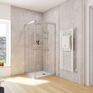 Acc&egrave;s d'angle droit avec parois portes de douche coulissantes, 75-90 x 75-90 x 180 cm, verre 4 mm, Sunny Schulte verre transparent, profil&eacute; argent&eacute;