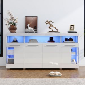Buffet Salon Blanc 140 x 40 x 70cm en verre tremp&eacute; &agrave; 3 compartiments,Enfilade LED haute brillance,4 Portes