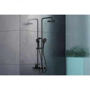 Colonne de douche thermostatique murale réglable design avec tablette en acier inoxydable avec mitigeur et pommeau de douche - Noir mat - BS371Design