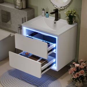 Meuble lave-mains 60x46x50 cm, meuble de salle de bain mural, lavabo avec lavabo, 2 tiroirs, &eacute;clairage LED par capteur radar, meuble vasque - Blanc