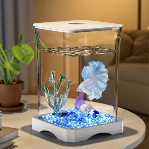 Betta Fish Tank, Kit de démarrage d'aquarium, Mini aquarium rectangulaire de bureau avec trou d'alimentation en haut et lumière de fond intégrée