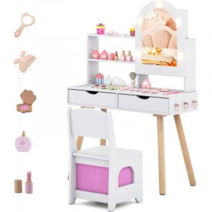 COSTWAY Coiffeuse Enfant Fille avec Chaise et Miroir Lumineux, Bureau Enfant avec 2 Tiroirs & Compartiments & &Eacute;tag&egrave;re Ouverte, Table de Maquillage