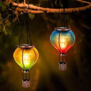 Lot de 2 montgolfières solaires, décoration de jardin avec effet flamme décoratif, montgolfière led solaire, lanterne solaire pour terrasse, balcon,