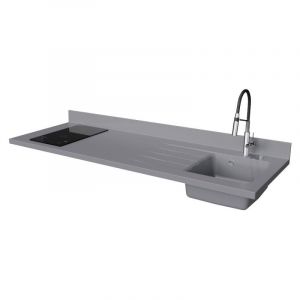 Plan de travail monobloc PlaniQuartz avec &eacute;vier - 180 cm - Cromo - &eacute;vier &agrave; droite - Plaque de cuisson Induction