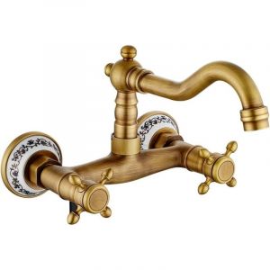 Robinet de cuisine mural Robinet mitigeur de cuisine mural vintage Robinet de cuisine mural r&eacute;tro Bronze antique 360 ​​Rotation &agrave; double commande