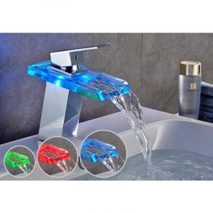 MitigEU Lavabo Cascade LED 3 CoulEUs Robinet pour Lavabo et Vasque Robinetterie MitigEU Eau et Froide en Laiton Chrom&eacute; et Verre 17x13.8x9.5 CM
