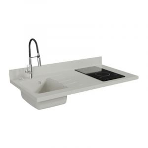 Plan de travail monobloc PlaniQuartz avec &eacute;vier - 120 cm - Snova - &eacute;vier &agrave; gauche - Plaque de cuisson Vitroc&eacute;ramique