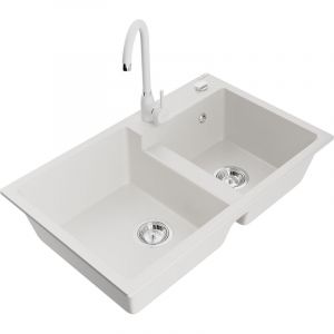 Mexen - Tomas &eacute;vier en granit &agrave; 2 cuves avec robinet m&eacute;langeur Telma, Blanc - 6516-20-670200-20