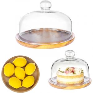 Pr&eacute;sentoir &agrave; g&acirc;teaux de 20 cm avec base en bois et cloche en verre transparent, id&eacute;al pour les desserts, fromages, bonbons et plantes grasses.