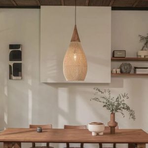 Suspension vintage en rotin 25 x 50 cm, style bohème, luminaire suspendu en osier tissé à la main, idéal pour une salle à manger ou un salon, beige,