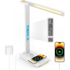Lampe De Bureau Led Dimmable Avec Fonction - De Charge Horloge Lampe De Table Veilleuse Avec Chargeur Sans Fil 10W, Port De Charge Usb Lampe De
